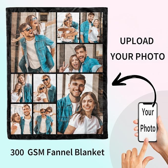 ROMANDY Ships Next Day Custom Blanket with Picture Customized Banket Personalized Throw Blankets Customizable Photo Blankets Customize Gifts for Mom Dad Girlfriend Boyfriend Wife Husband Her Him