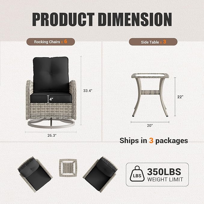 9-Piece Patio Rocking Swivel Chair Outdoor Wicker Rattan Bistro Set with Tempered Glass Side Table, Outdoor Patio Furniture Set for Garden, Deck, and Balcony, Dark Grey