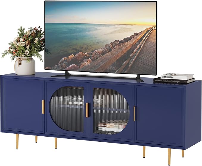 ARTPOWER TV Stand with Storage, 66" Modern TV Entertainment Center for TVs up to 75 Inch, Under TV Cabinet with Glass Door, TV Console Media Center for Living Room, Bedroom, Blue - Image 8