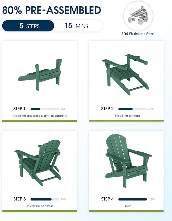MUCHENGHY Folding Adirondack Chairs, Patio Chairs, Lawn Chairs, Outdoor Chairs, Adirondack Chair Plastic, Fire Pit Chairs, Weather Resistant with Cup Holder for Deck, Backyard, Garden(Green) - Image 5