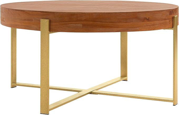 33.86" Round Coffee Table with X-Shaped Gold Metal Legs, Solid Wood Circle Table for Living Room, Retro Circular Table, Natural