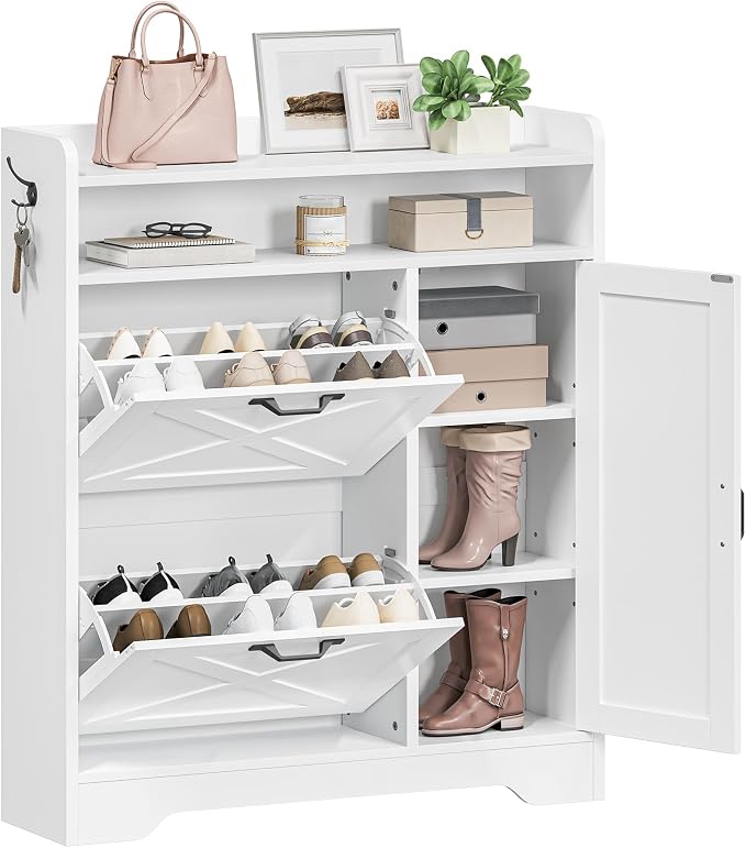 HOOBRO Slim Shoe Cabinet with 2 Flip Drawers & Side Storage, Narrow Shoe Storage Cabinet for Entryway, Wooden Shoe Organizer for Small Spaces, Adjustable Shelves, White WT90SC01US by HOOBRO