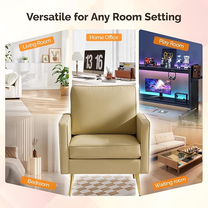 VINGLI Modern PU Leather Accent Chair, Single Sofa Chair with Pocket Coil Seat, Metal Backrest & Solid Wood Frame, Upholstered Armchair for Living Room, Bedroom or Office