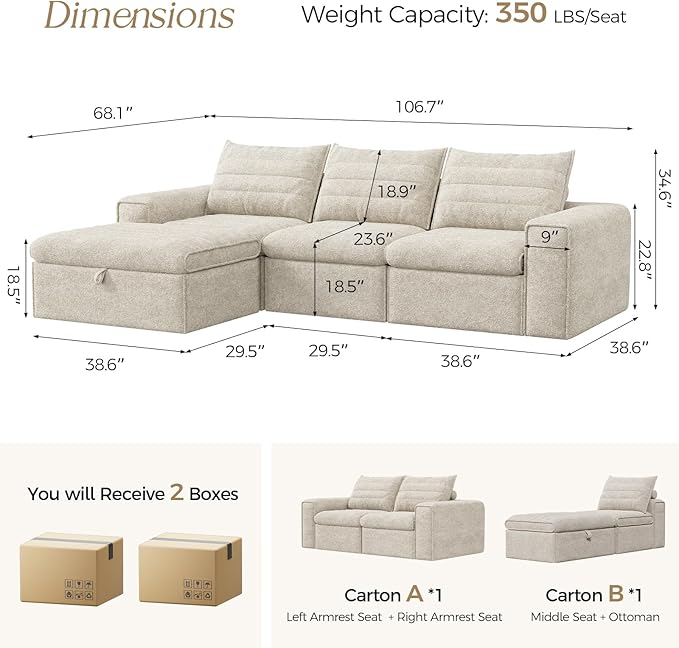 106.7" Modular Sectional Sofa with Deep Seat, Comfortable Upholstery L Shaped Cloud Couch for Living Room, 3-Seater Boneless Sofa with Movable Ottomans, Removable Cover, No Assembly Required, Apricot