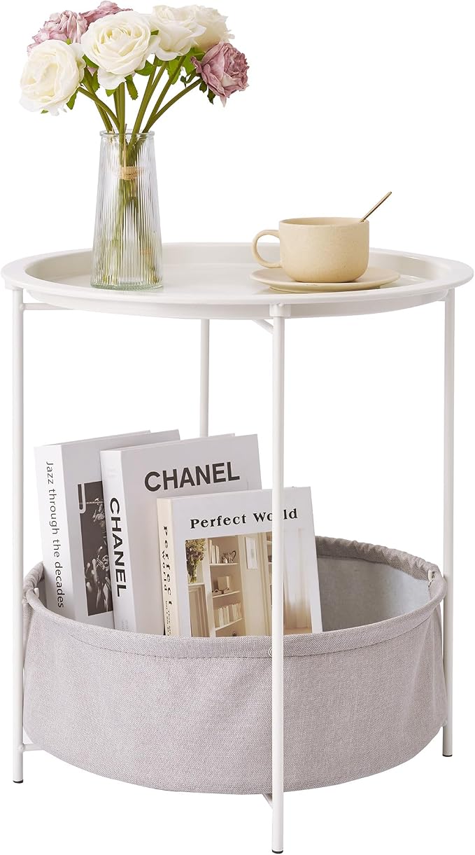 VECELO Round Side/End Table with Fabric Storage Basket，Metal Anti-Rust and Waterproof Small Bedside Nightstand with Removable Tray Top for Living Room，Balcony & Laundry，Beige/1pcs with Basket by VECELO