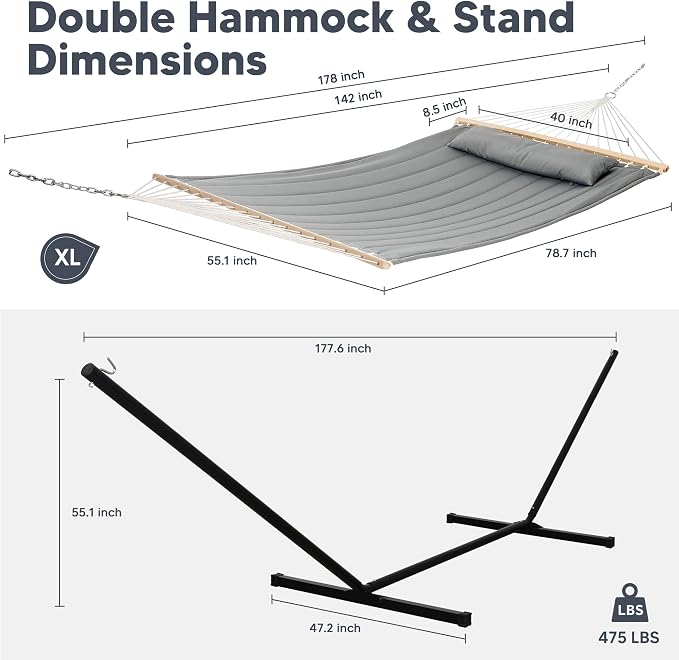 SUNCREAT Double Hammock with 15 ft Stand, Outdoor Hammock with Stand, Balance Straps, Light Gray - Image 3