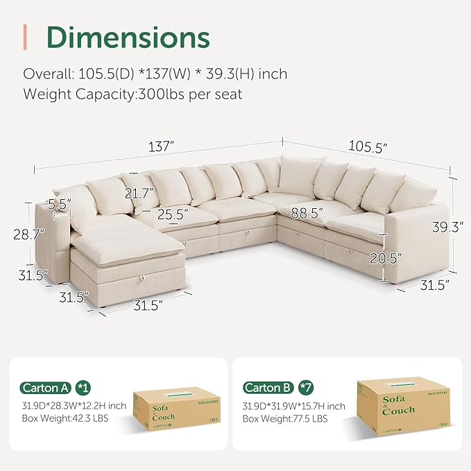 HONBAY Modular Sectional Sofa with Ottoman, 7 Seat U Shaped Couch with Storage & Pillows, 137 Inch Oversized Sectional Sofa for Living Room, Beige