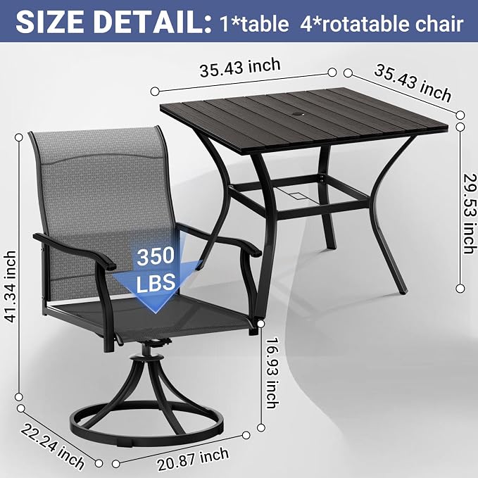 LEVELEVE 5 Piece Outdoor Patio Dining Set with 4 Swivel Dining Chairs & 1 Large Round Dining Table,Bistro Furniture Set for Lawn, Garden, Deck, Backyard and Porch - Image 5