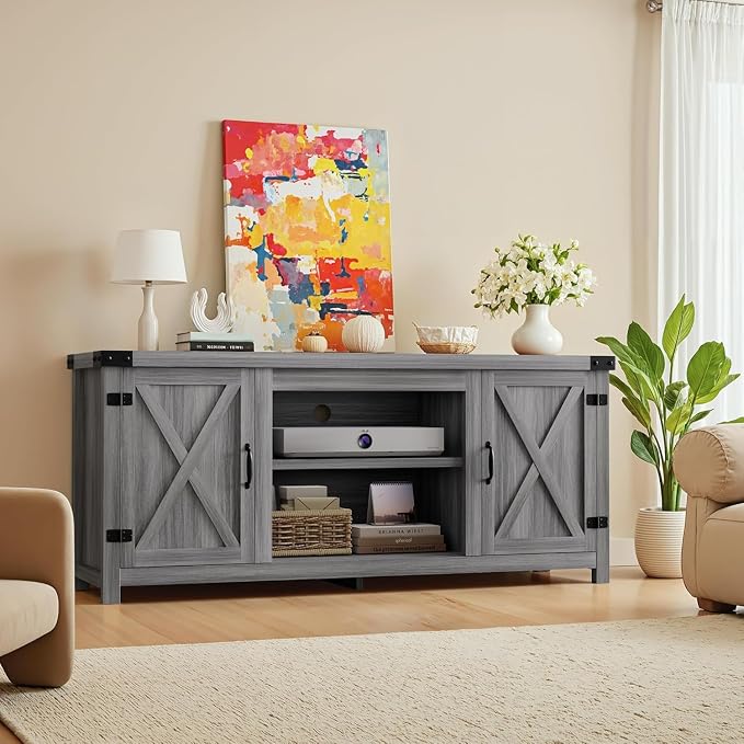YESHOMY Modern Farmhouse TV Stand with Two Barn Doors and Storage Cabinets for Televisions up to 65+ Inch,Entertainment Center Console Table,Media Furniture for Living Room,Rustic Gray - Image 6