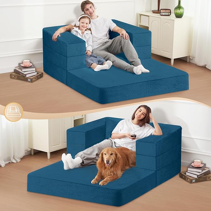 Futon Sofa Bed with Pillow, 3-in-1 Sleeper Sofa Bed with Removable Cover, Convertible Floor Sofa Bed, No Assembly Boneless Couch for Living Room, Bedroom