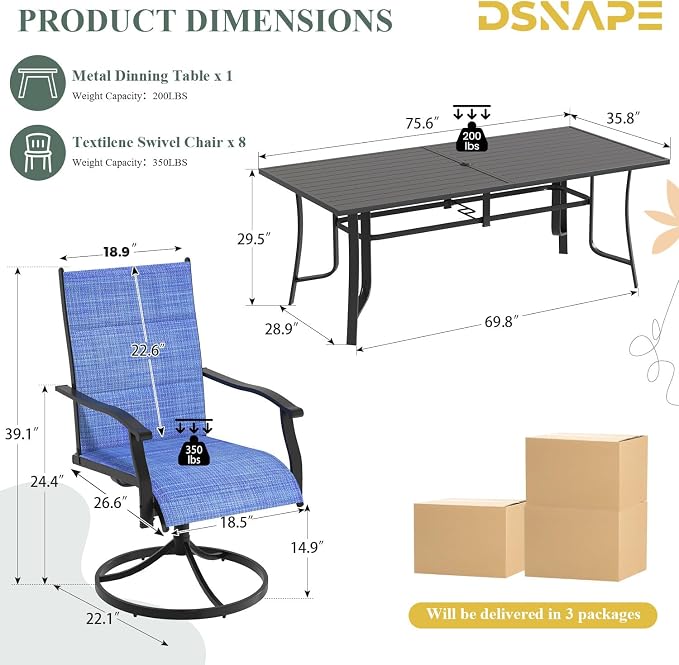 9 Pieces Patio Dining Set for 8, All Weather Outdoor Furniture Set, 75.6" Metal Dining Table with Umbrella Hole and 8 High Back Textilene Swivel Chairs for Deck Garden Lawn Poolside, Blue - Image 2