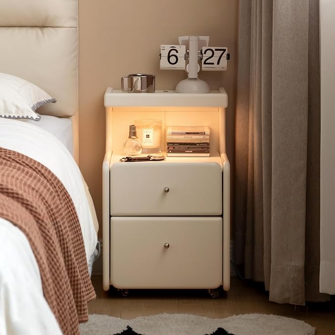 100% Solid Wood Side Table with Wheels LED Light, Narrow Side Table with Storage Drawers, Rolling Bedside Table for Bedroom Living Room Space Saving, Fully Assembled(White, 21.9" H) by Wayshome