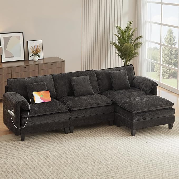 Modular Sectional Sofa, 108” Comfy Cloud Couch with Movable Ottoman | Charging Station | Side Pocket | Throw Pillow, Modern L-Shaped Couches for Living Room, Chenille, Classic Black