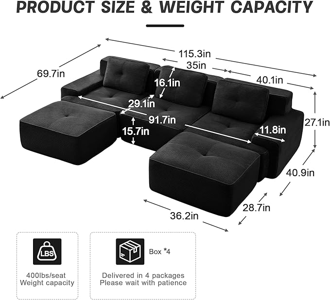 Casaphoria 115'' Black Modular Sofa Set, 3-Seat U-Shaped Corduroy Couch with 2 Ottomans for Large Living Room No Assembly Required Deep Seat Sectional Couch
