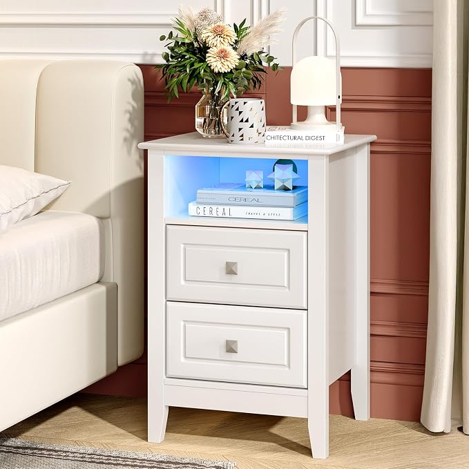 Bonnlo White Nightstand Set of 2 with Charging Station & Led Lights Night Stands White Bedside Table, Wooden Nightstands with Drawers, Modern Nightstand for Bedroom, 15.75" W*13.78" D*23.62" H - Image 9