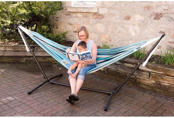 Vivere Double Sunbrella Hammock with Space-Saving Steel Stand, Heavy-Duty Portable Outdoor Hammock Set for Backyard, Patio, or Travel, Token Surfside - Image 3