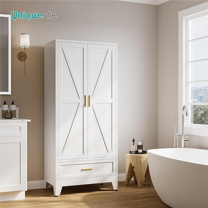 71" Tall Metal Armoire Wardrobe Closet,17.7" Deep By 31.5" Wide Portable Closet for Hanging Clothes,Wardrobe Cabinet with Drawer and Shelve for Bedroom Office Garage,White 1 Pack