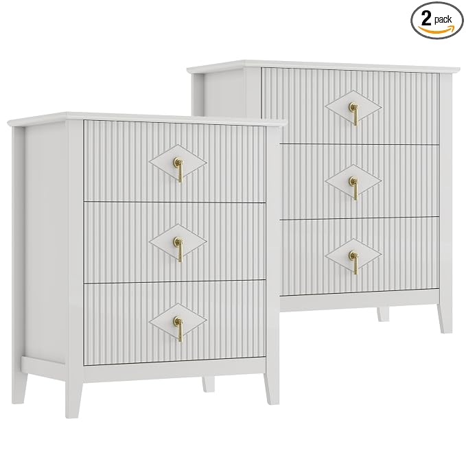 GarveeHome 2Pcs Wood Nightstand Fluted Dresser for Bedroom, 27.5" Wide 3-Drawer Bedside Tables, Modern Chest of Drawers, Storage End Table Living Room, Hallway, Entryway, White by GarveeHome