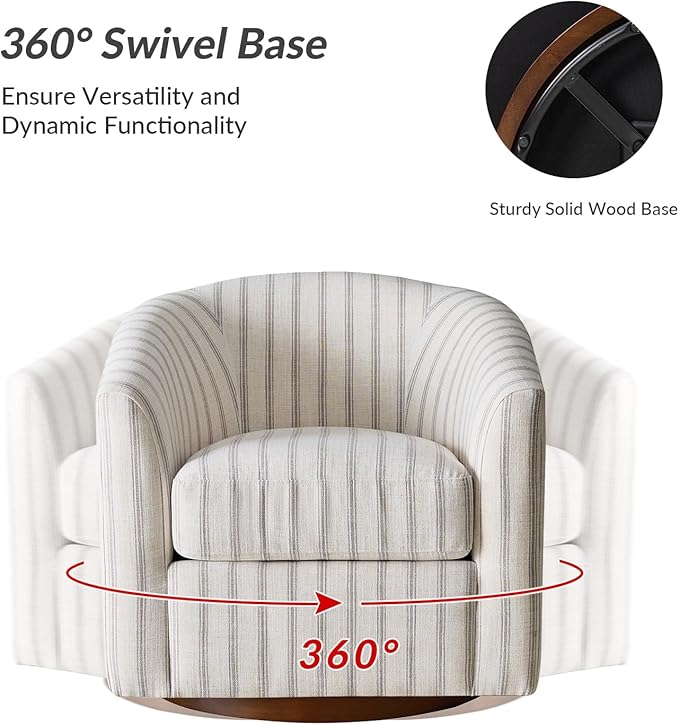 HULALA HOME Modern Swivel Accent Chair with Solid Wood Base, Round Swivel Barrel Chair with Striped Pattern, No Assembly Required, Stripe