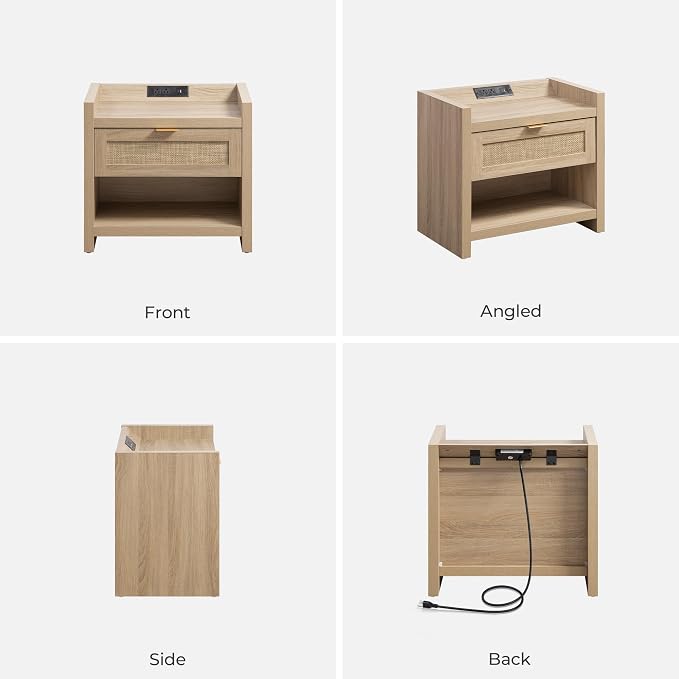SICOTAS Rattan Nightstand End Table - Boho Night Stand Bedside Table with Type-C Charging Station, Wicker Decor Drawer Storage Cabinet Night Stand for Bedroom - Light Oak - Image 7