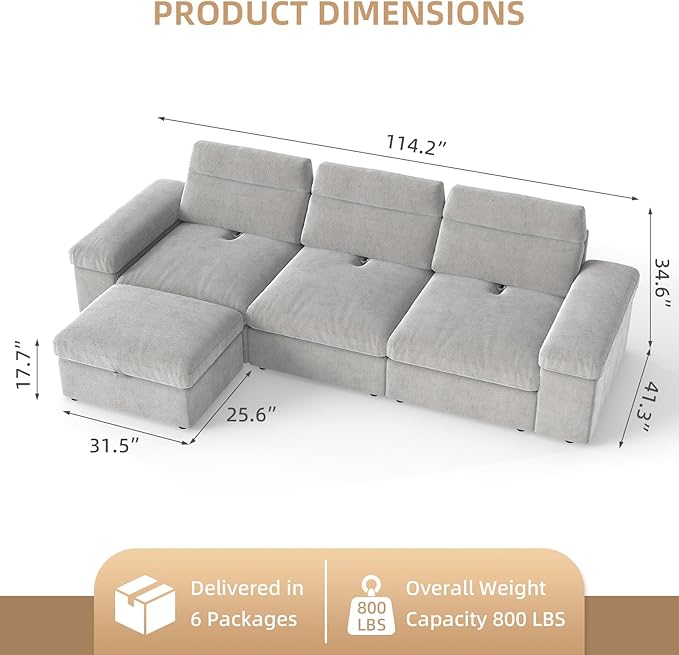 Rovibek Modular Sectional Sofa with Storage, Down Filled L Shaped Couch with Adjustable Backrest, Couches for Living Room, Home Theater and Apartment, Grey
