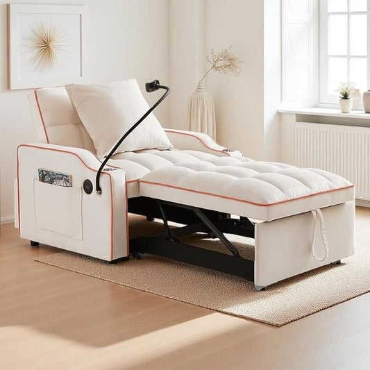 3 in 1 Convertible Sleeper Sofa Bed with Phone Holder, 35'' Pull Out Sofa Bed Recliner with Adjustable Backrest, Velvet Fabric Sleeper Couch Single Modern Chair for Small Space & RV, Beige