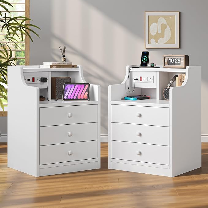 ADORNEVE Night Stand Set 2,White Nightstand with Charging Station & Hutch,Night Stands for Bedrooms Set of 2,Bedside Table with Drawers by ADORNEVE