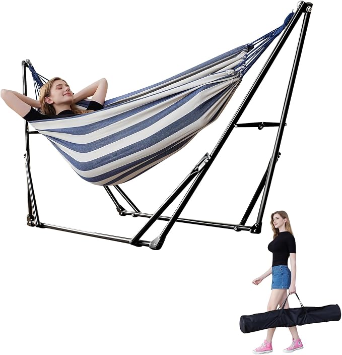 Portable Hammock with Stand for Outside Foldable,Frabic Tension Adjustable Indoor,Carrying Bag Included, 616 lbs Weight Capacity, Suitable Garden Yard Outdoor Inhouse Blue by LIEVIM