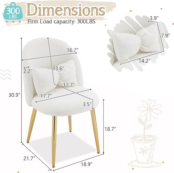 VINGLI Boucle Girls Vanity Chair with Back & Pillow,Cute Small Cozy Desk Chair No Wheels,Comfy Makeup Ch with Ajustable Gold Legs,for Bedroom,Living Room,Small Space,White