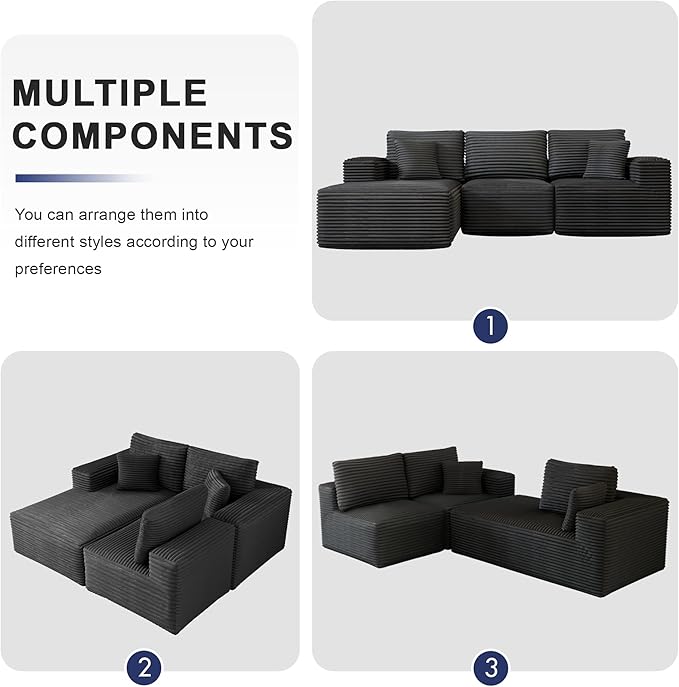 104" Modular Sectional Sofa with L-Shape Chaise, Modern Upholstered Cloud Couches for Living Room Bedroom, No Assembly Required, Dark Grey