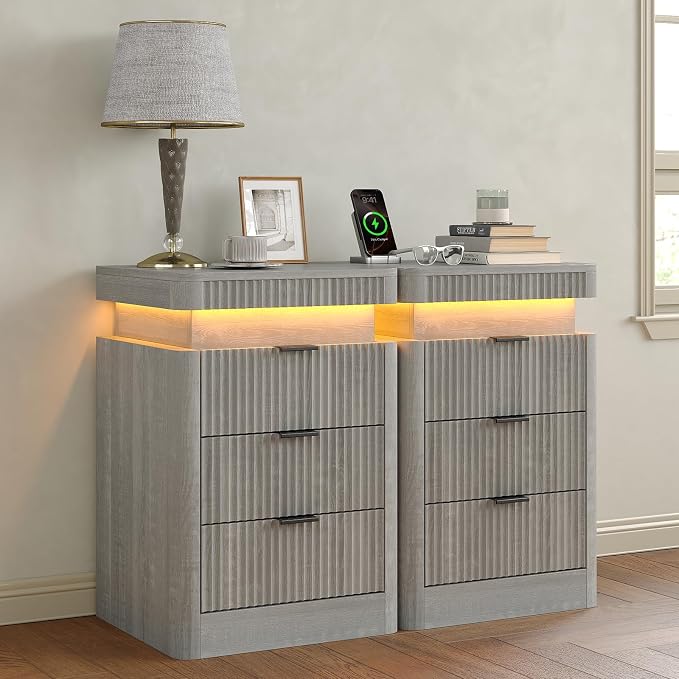 Yanosaku Night Stand Set of 2 with Charging Station, 3-Drawer Fluted LED Bedside Tables with Sliding Top & USB Outlets, Modern End Tables for Small Bedroom Living Room, Light Grey by Yanosaku