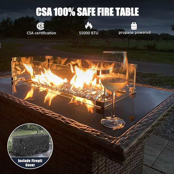 LayinSun 7 Pieces Outdoor Patio Furniture Set with Fire Pit Table, Rattan Wicker Sectional Chairs Sets with Ottomans, Single Chairs and Coffee Table
