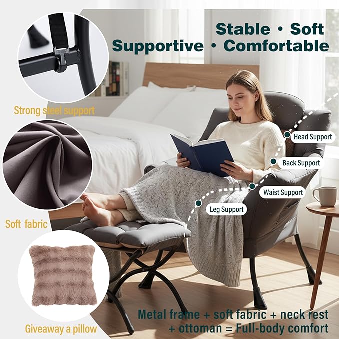 Lazy Chair with Ottoman, Large Accent Chair with Ottoman and a Throw Pillow, Shadow Grey Reading Chair for Living Room Bedroom Dorm Room Office Apartment Relaxing Use