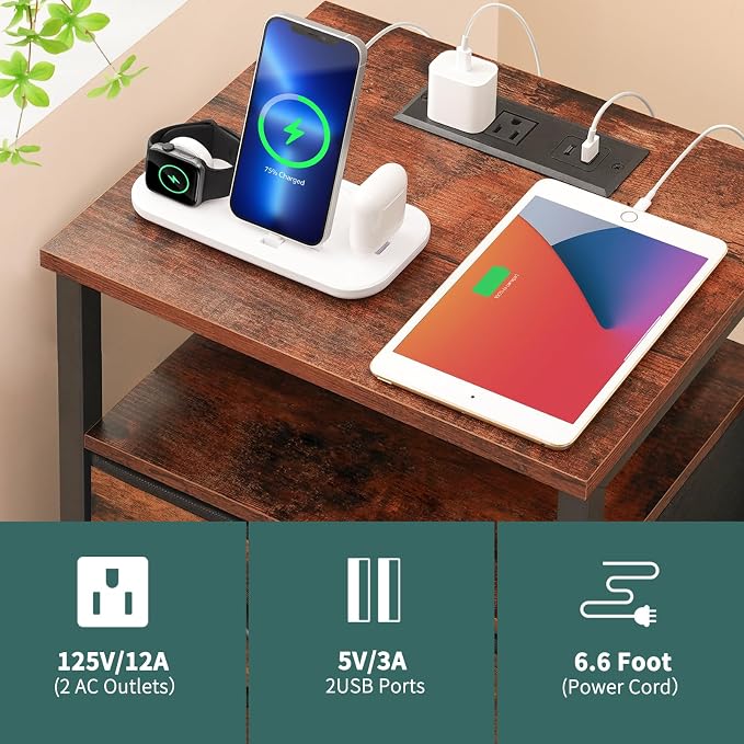 Yoobure Night Stand with Charging Station, 16 Colors LED Nightstand with USB Ports and Outlets, 3 Fabric Drawers and Storage Shelf, Bedside Tables Small Dresser for Small Space, Red Brown - Image 7