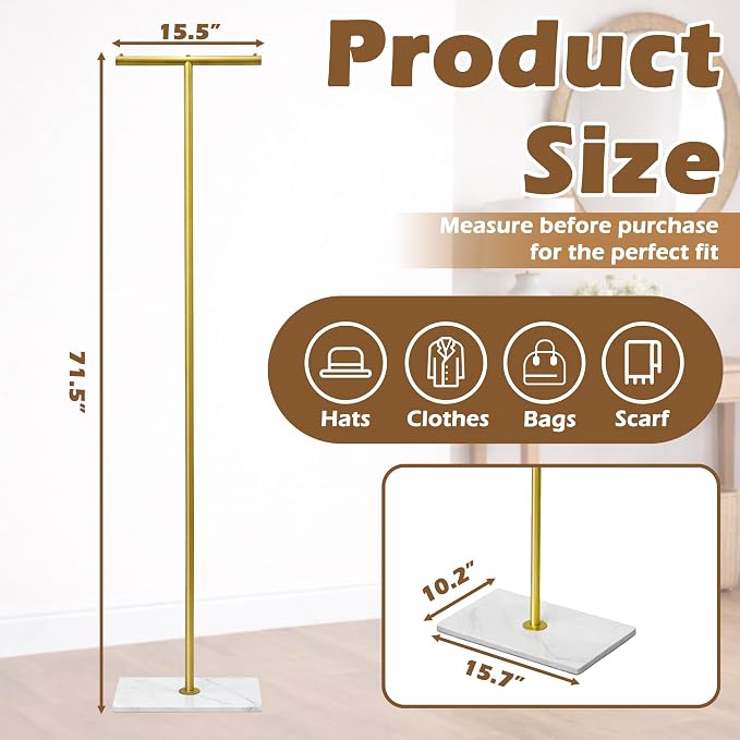 T-shaped Coat Rack Freestanding with Marble Base, 72" H Clothes Display Rack, Heavy-duty Clothes Rack, Modern Metal Coat Hanging Rack for Boutique, Hallway, Entryway, White - Image 3