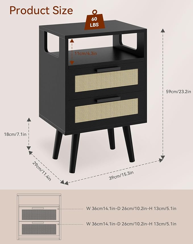 YMYNY Rattan Nightstand Set of 2, Boho Side Table with 2 Drawers, Open Shelf Unit with Arched Design, Solid Wood Legs, Storage Cabinet for Bedroom, Black UHST015B-2 - Image 3