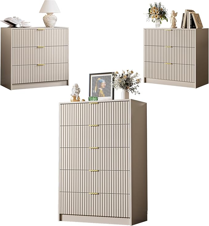 MAISONARIA 3-Piece Dresser Bedroom Set, 5 Drawer Dresser & 3 Drawer Nightstands with Gold Handles, Fluted Wood Chest of Drawers for Bedroom, Living Room, Entryway, Beige