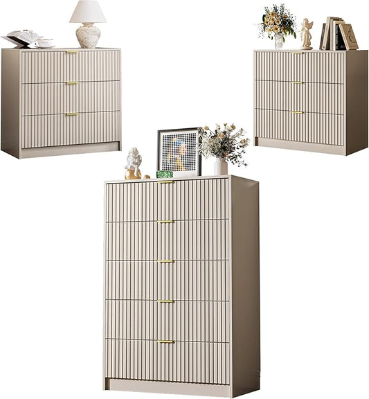 MAISONARIA 3-Piece Dresser Bedroom Set, 5 Drawer Dresser & 3 Drawer Nightstands with Gold Handles, Fluted Wood Chest of Drawers for Bedroom, Living Room, Entryway, Beige