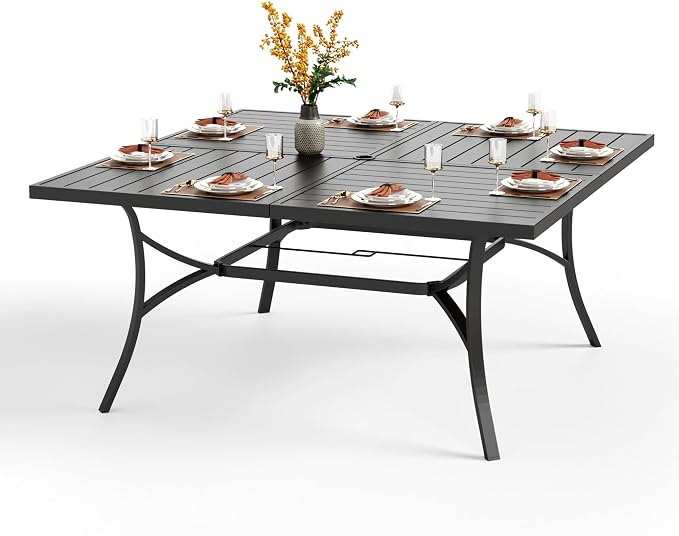 PHI VILLA Large Outdoor Square Dining Table for 8, 60" Metal Steel Slat Table with Umbrella Hole, Weather-Resistant Dining Fruniture for Patio, Deck, Backyard, Porch - Black by PHIVILLA