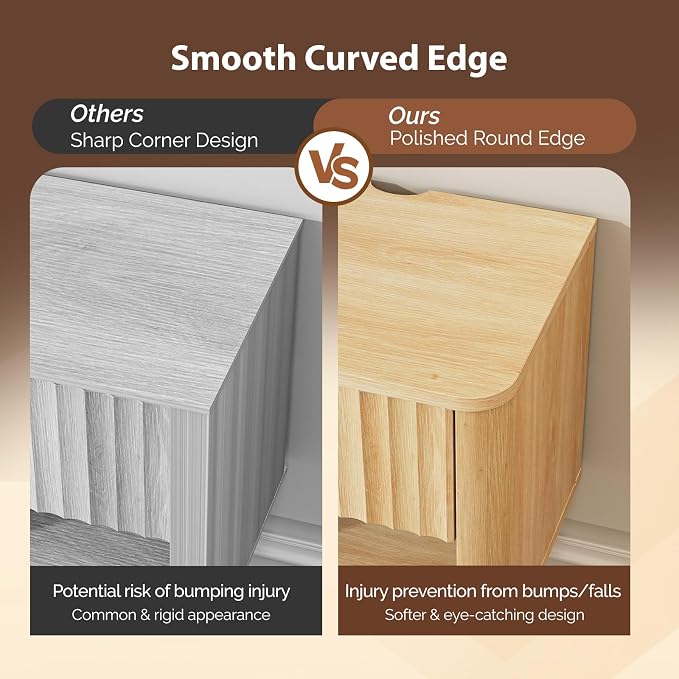 VINGLI Floating Nightstand Set of 2, Fluted Nightstands Rounded Edge, Oak Nightstand with 1 Drawer and 1 Shelf, Wall Mounted Night Stand for Bedroom, Wood Bed Side Table Fluted Side Table/End Table - Image 4