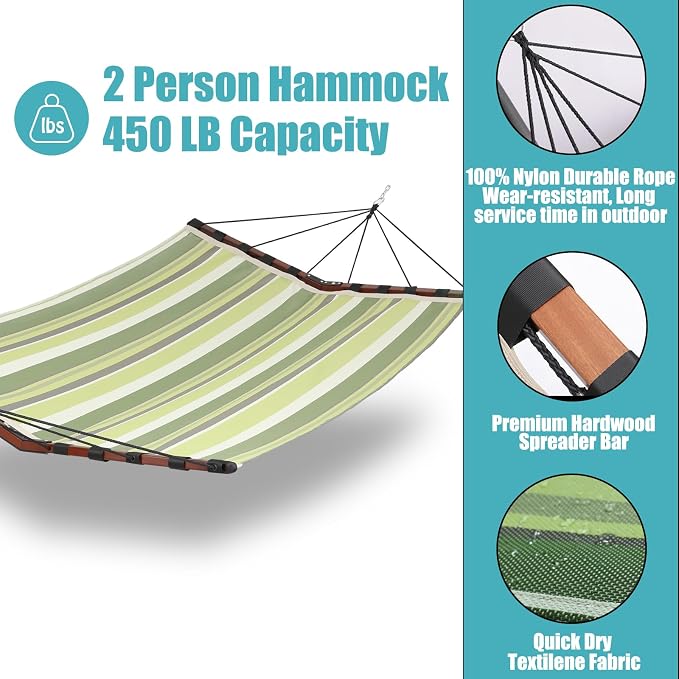 TegerDeger 12FT 2 Person Hammock Large Hammock Quick Dry 450LB Capacity with V Shaped Hardwood Spreader Bar & Nylon Rope for Outside, Patio, Garden, Backyard, Beach, Poolside - Tender Green Stripes - Image 4