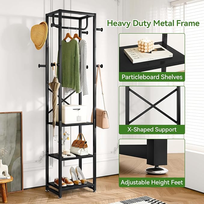 IBUYKE Coat Rack with Shelves, Freestanding Hall Tree with 3 Shelves and 8 Hooks, Industrial Clothes Stand for Entryway, Hallway, Bedroom, Black UTMJ088B - Image 7