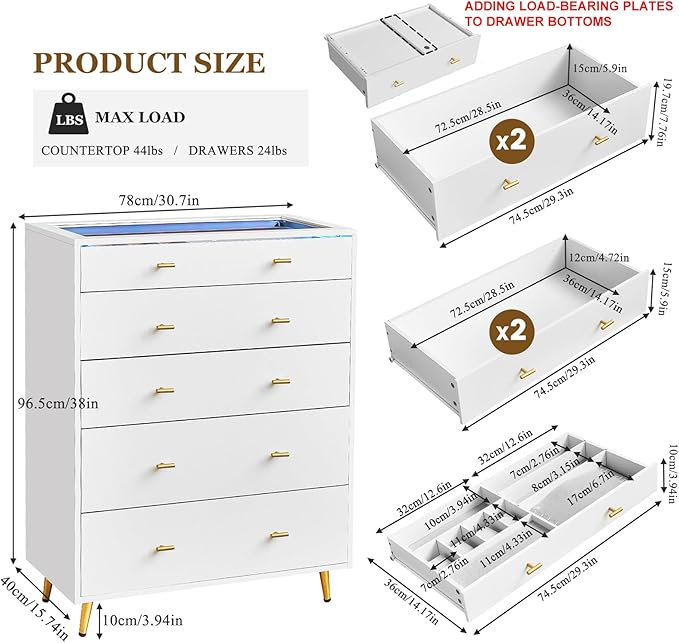 Wardrobe Closet Island with Drawers, Glass Tabletop & LED Lights, Jewelry Dresser Display, Wooden Closet Storage Cabinet for Bedroom Cloakroom Shops, 30.7" W x 15.7" D x 38" H, White