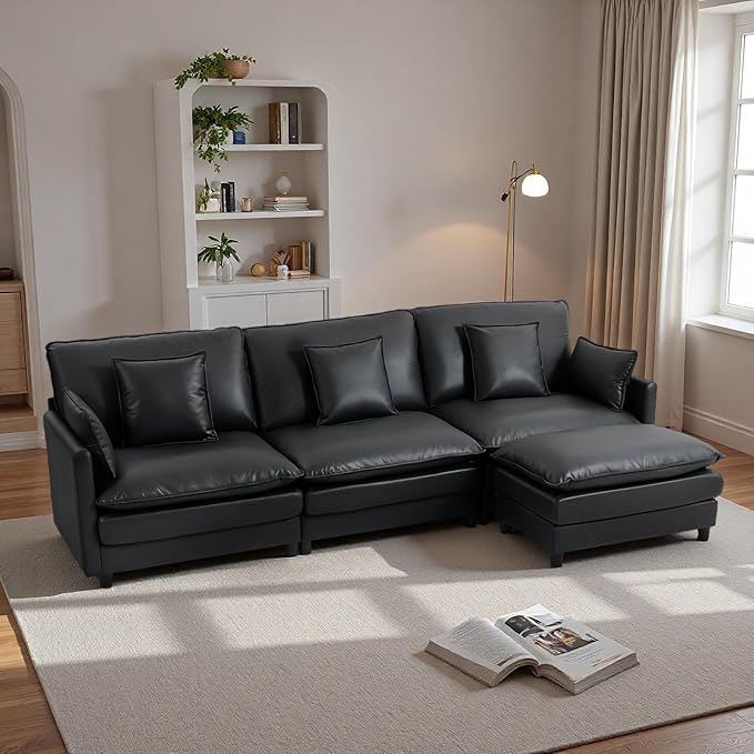 L Shaped Cloud Sofa, 4-Seater Modular Couch with Double Layer Upholstered Seat Cushion, PU Sleeper Sofa with Ottoman & Pillows, Comfort Couches for Living Room, Bedrooms & Apartments, Black