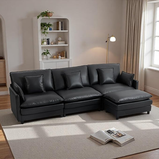 L Shaped Cloud Sofa, 4-Seater Modular Couch with Double Layer Upholstered Seat Cushion, PU Sleeper Sofa with Ottoman & Pillows, Comfort Couches for Living Room, Bedrooms & Apartments, Black