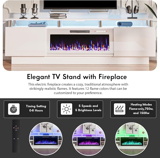 TAVATA 80" Fireplace TV Stand Up to 90" TVs, High Gloss Modern Entertainment Center with Storage for Living Room, Wood Media Console Cabinet with 36" Fireplace & Open Shelf, White - Image 3