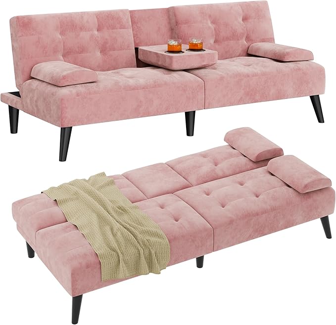 Shintenchi Futon Sofa Bed, Velvet Foldable Couch, Reclining Sleeper with Removable Armrests, Upholstered Loveseat Sofa Couch with Folding Cup Holders for Home, Office, Pink