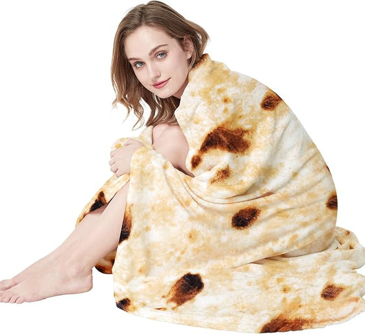 LetsFunny Burrito Tortilla Throw Blanket, 71in Double Sided Burritos Taco Tortilla Wrap Blankets for Adults Kids, Giant Funny Realistic Food Blankets, Soft Flannel Round Throw Blanket