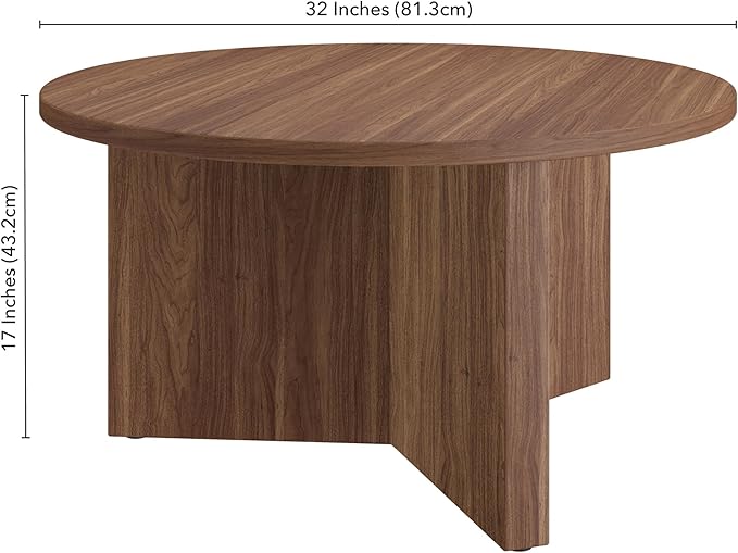 Henn&Hart 32" Round Wood Pedestal Coffee Table for Living Room, Family Room, Office, or Apartment, Medium Walnut