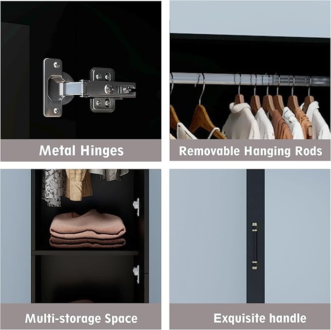 Wooden Armoire Wardrobe Closet：Modern Armoire Wardrobe Closet with Single Door and Hanging Rod, Large Capacity Clothes Storage Cabinet with Mirror for Bedroom Home, Black